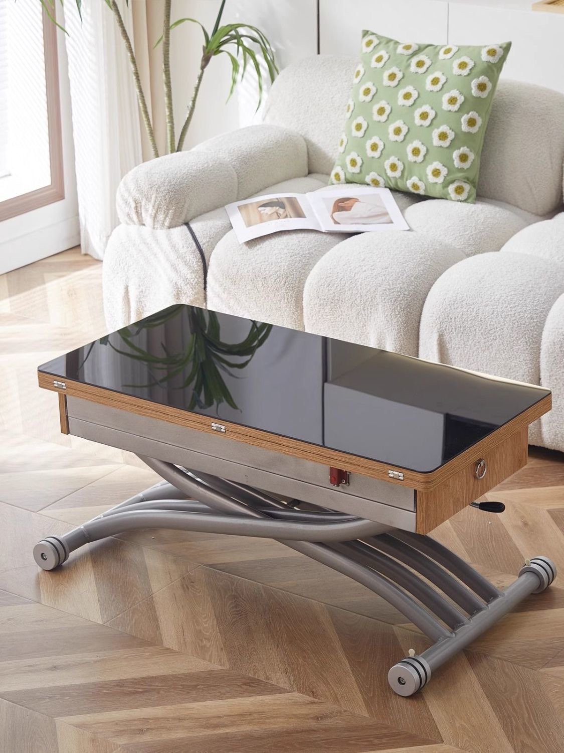 Drawer Lift Table with Flip-Up Worktop and Curved Base