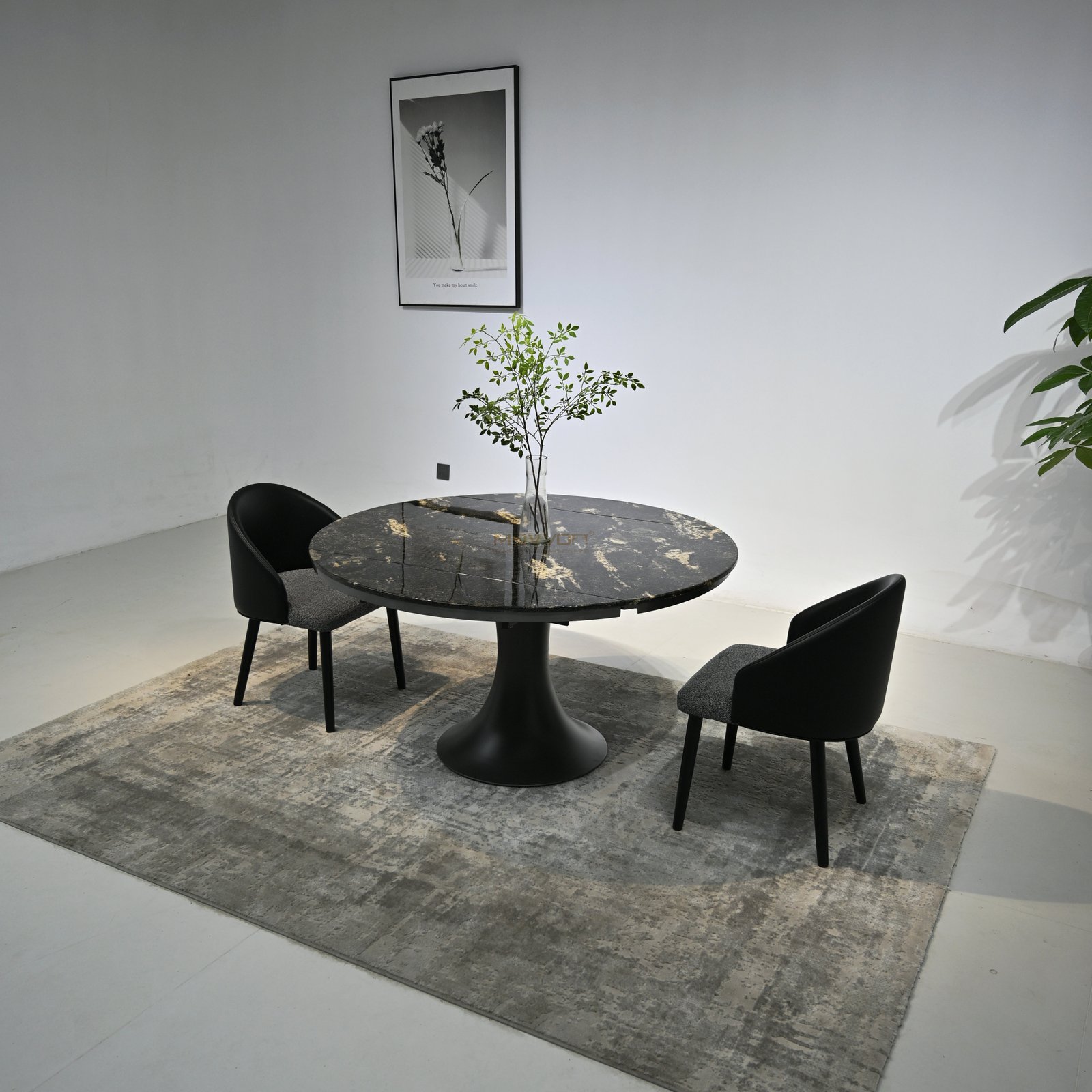 Black-Gold Luxury Stone Drop-Leaf Round Dining Table with Tulip Pedestal Base