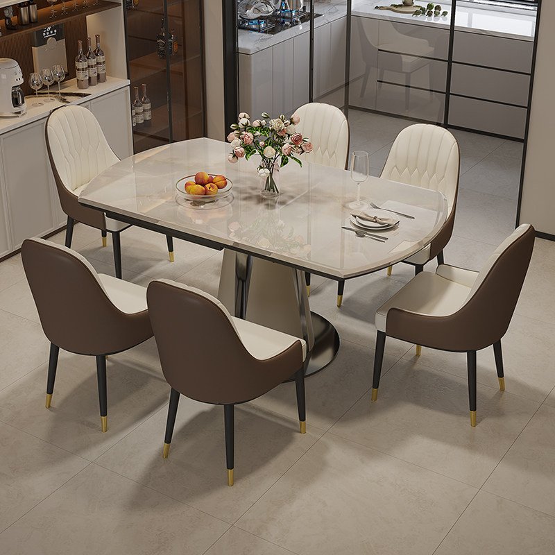 White Stone Drop-Leaf Round Dining Table with Drum Pedestal Base