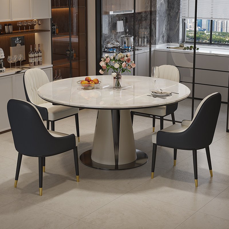 White Stone Drop-Leaf Round Dining Table with Drum Pedestal Base