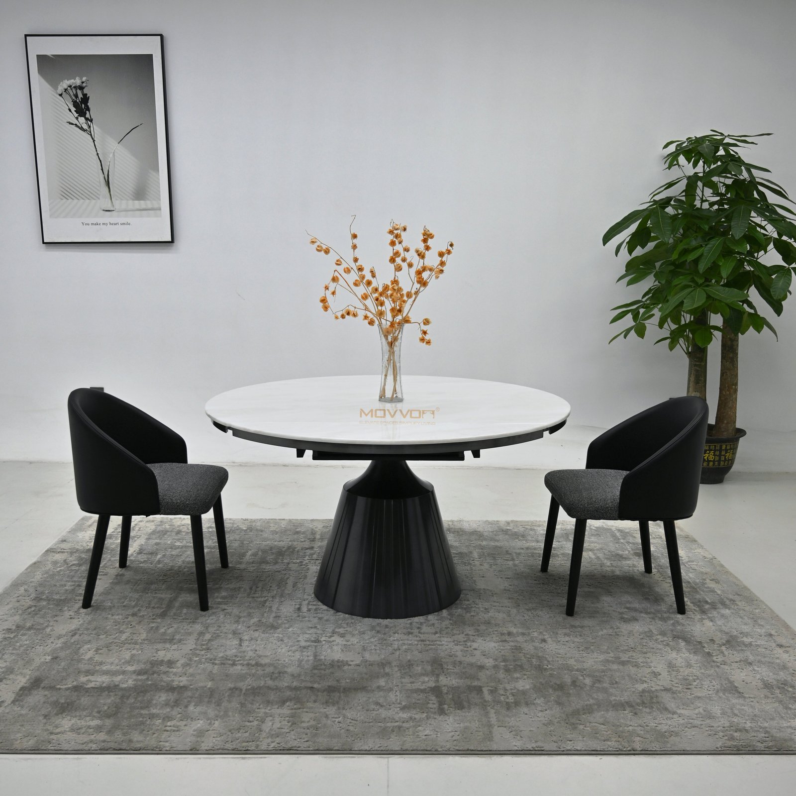 White Marble-Effect Drop-Leaf Dining Table with Fluted Cone Pedestal