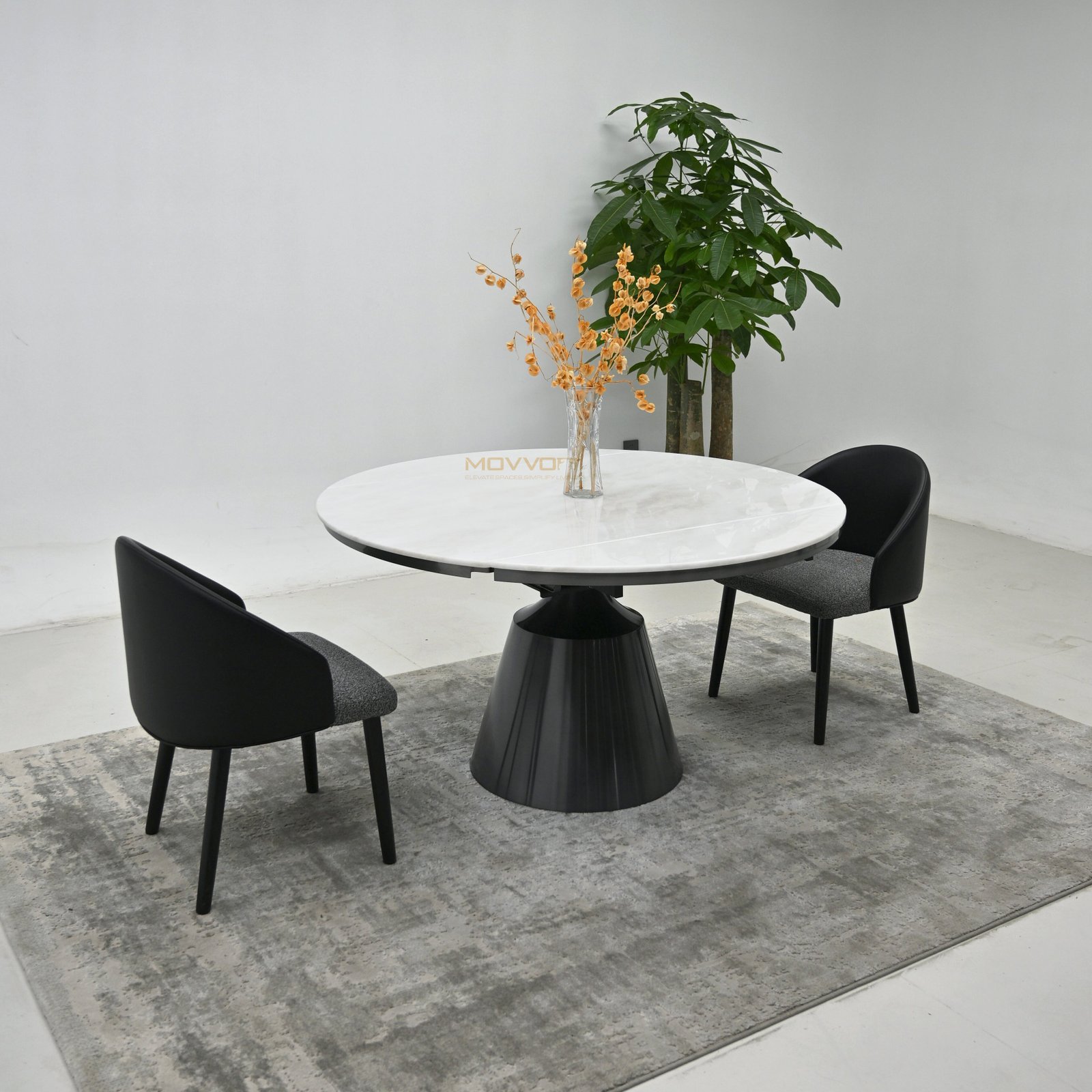 White Marble-Effect Drop-Leaf Dining Table with Fluted Cone Pedestal