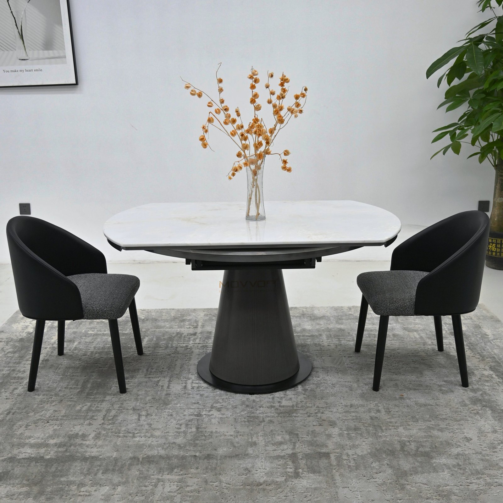 Ivory Marble-Effect Two-End Folding Round Table with Ribbed Cone Pedestal