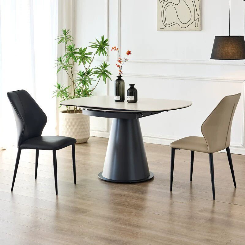 Ivory Marble-Effect Two-End Folding Round Table with Ribbed Cone Pedestal