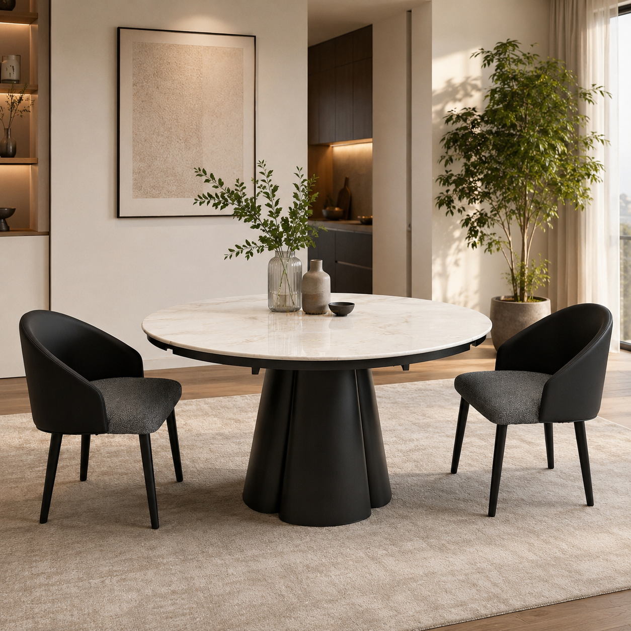 White Marble-Effect Drop-Leaf Round Dining Table with Clustered Petal Pedestal Base