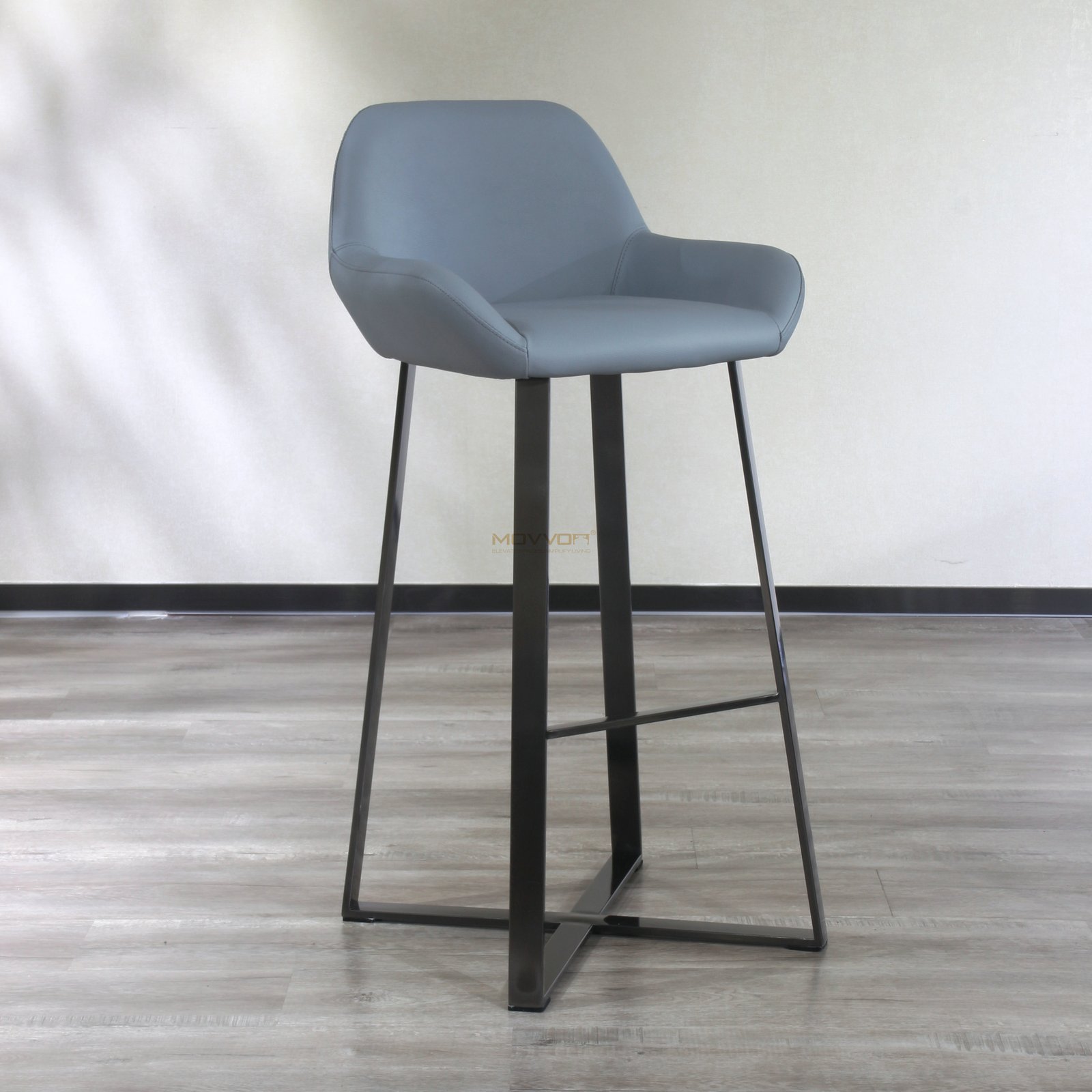 Grey Upholstered Bucket Bar Chair with Angled Footrest Frame