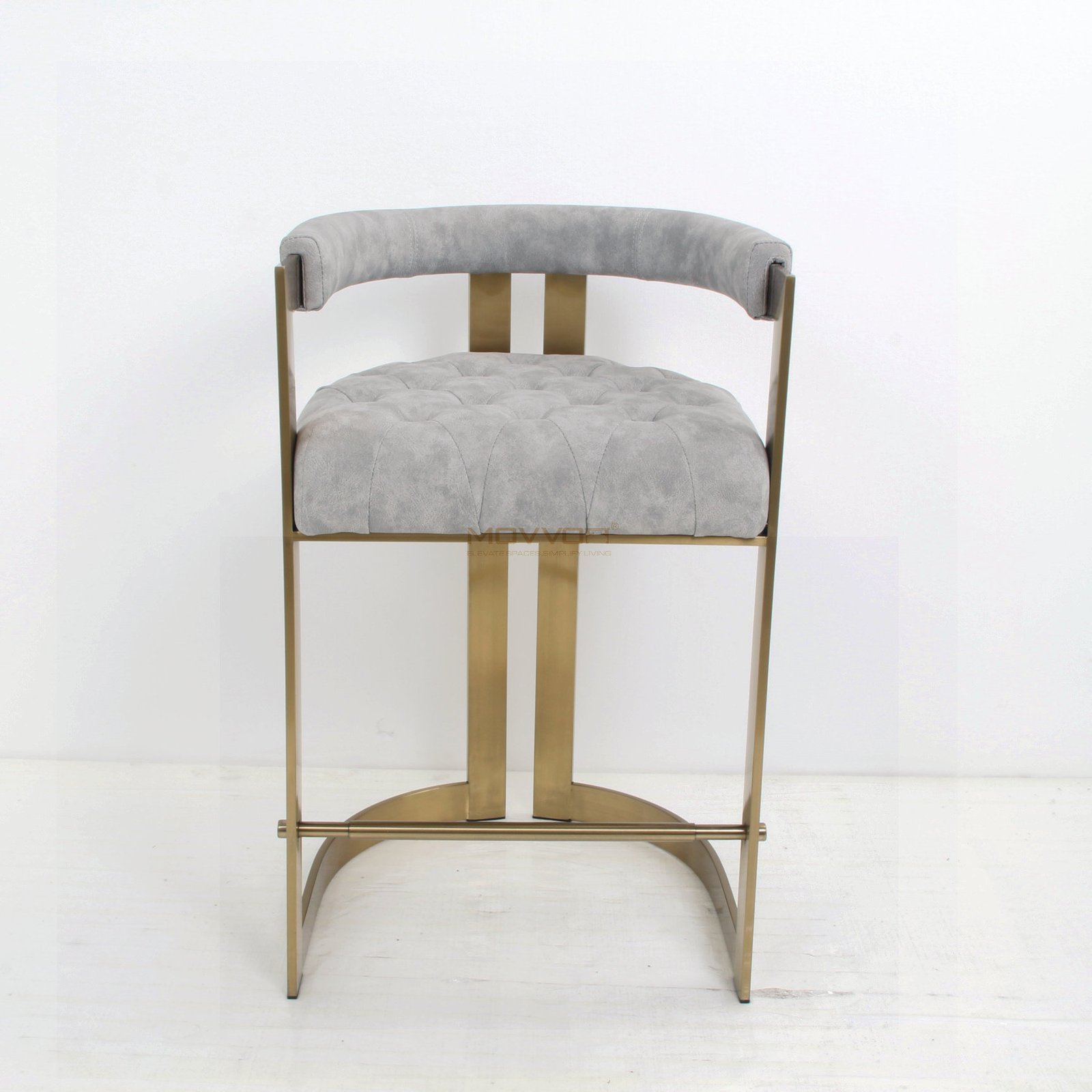 Crescent Back Tufted Bar Stool with Champagne U-Frame Base