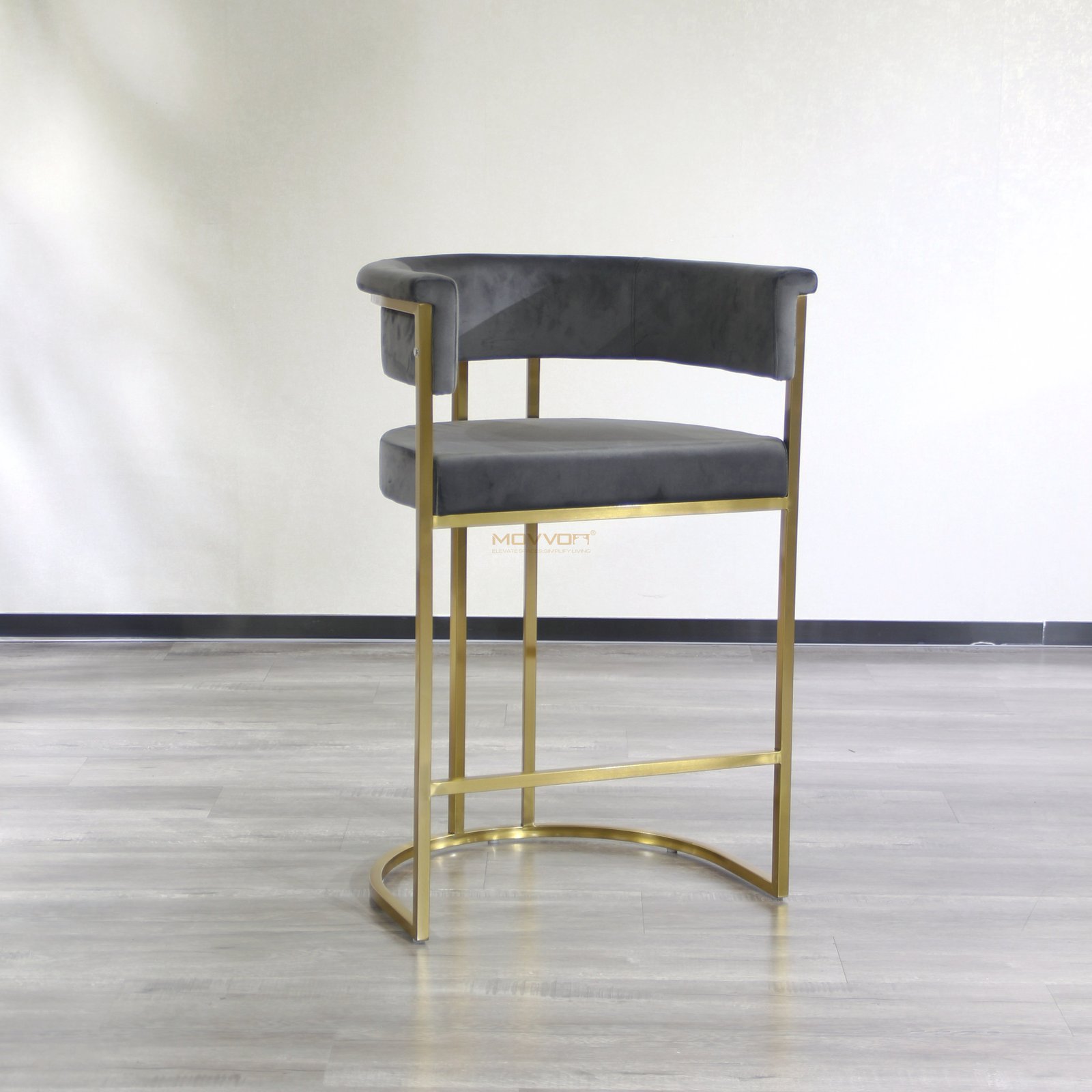 Rolled Barrel Back Bar Stool with Gold Half-Moon Sled Base