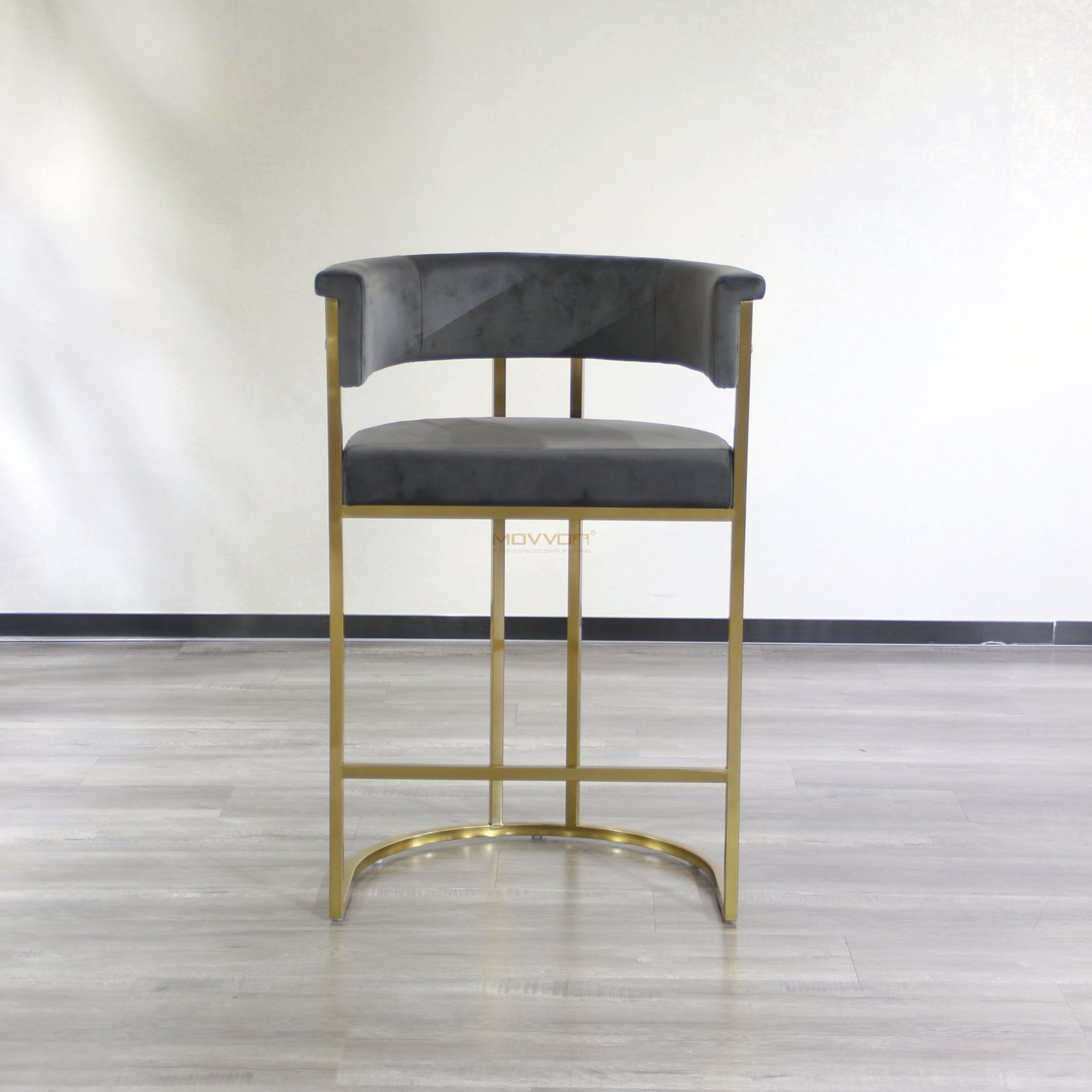 Rolled Barrel Back Bar Stool with Gold Half-Moon Sled Base