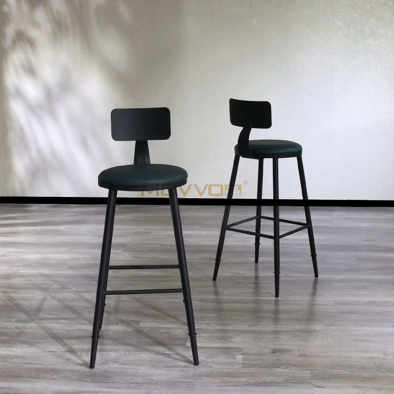 Industrial Green Bar Stool with Bent Back Support and Black Crossbar Frame