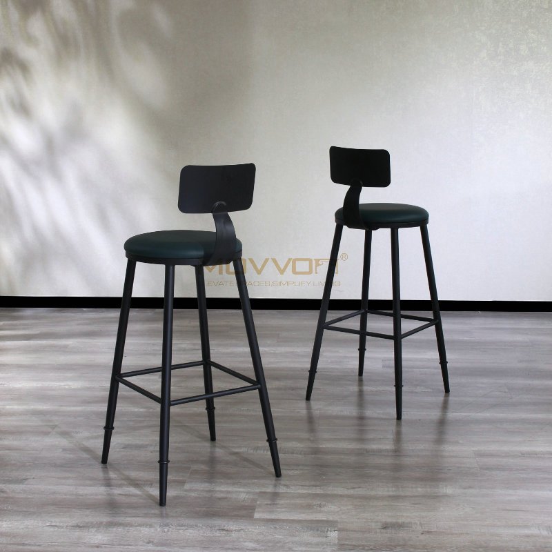 Industrial Green Bar Stool with Bent Back Support and Black Crossbar Frame