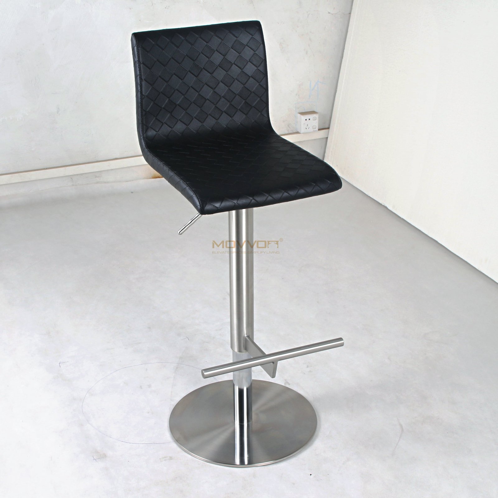 Black Basket-Weave Adjustable Bar Stool with Chrome T-Bar Footrest