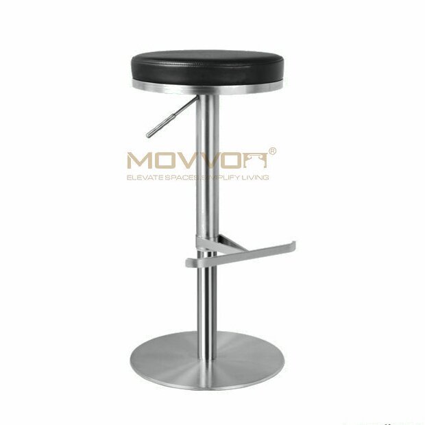 Black Round Cushion Adjustable Bar Stool with Chrome T-Bar Footrest