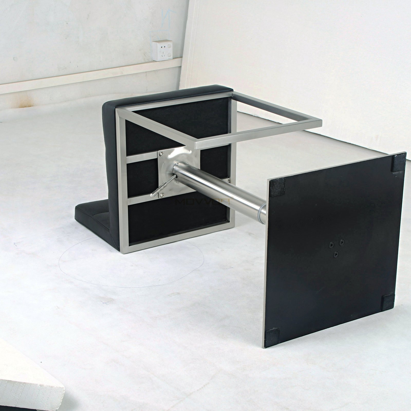 Black Tufted Bar Stool with Square Footrest Frame and Brushed Pedestal