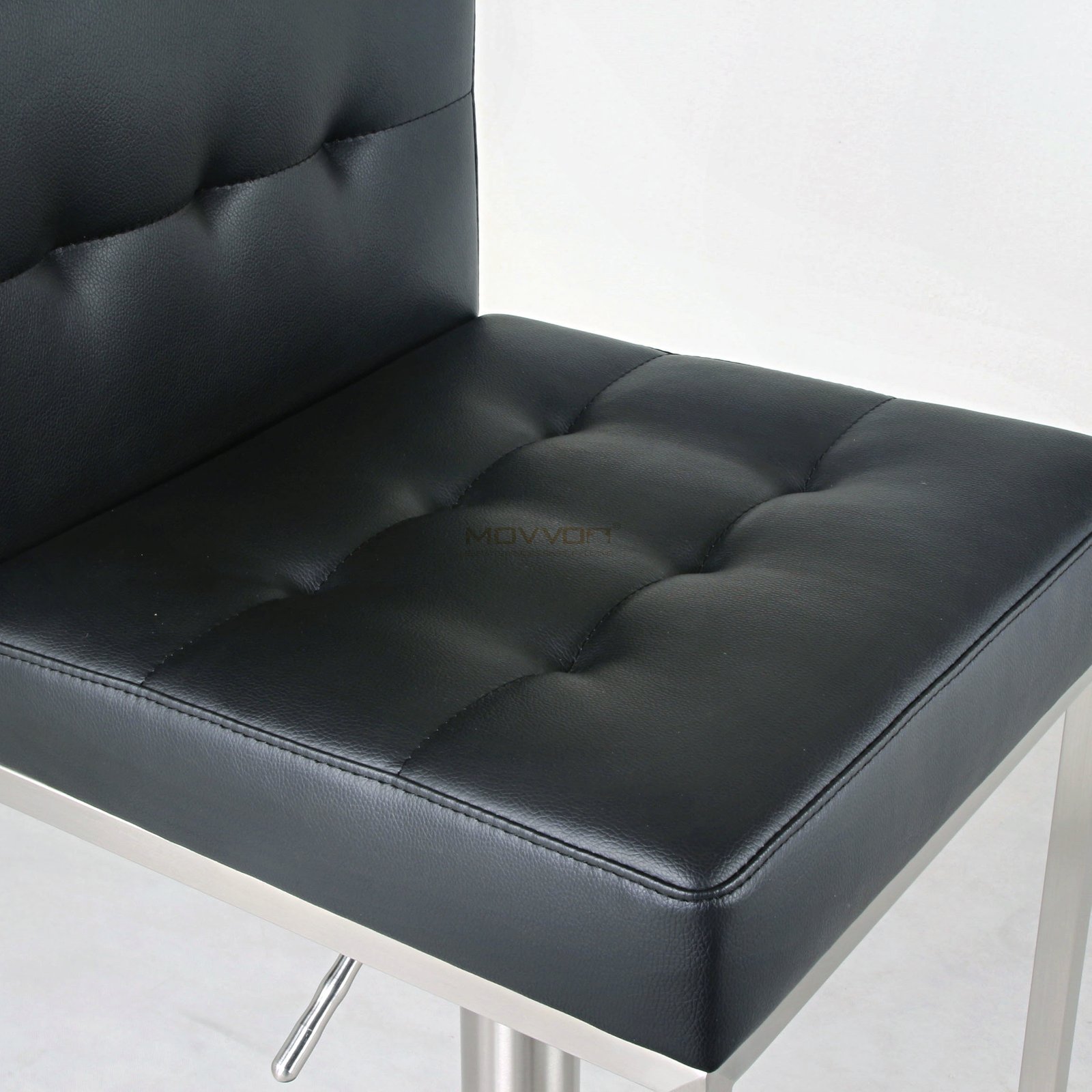Black Tufted Bar Stool with Square Footrest Frame and Brushed Pedestal