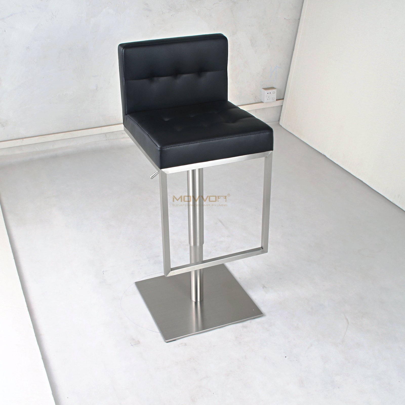 Black Tufted Bar Stool with Square Footrest Frame and Brushed Pedestal