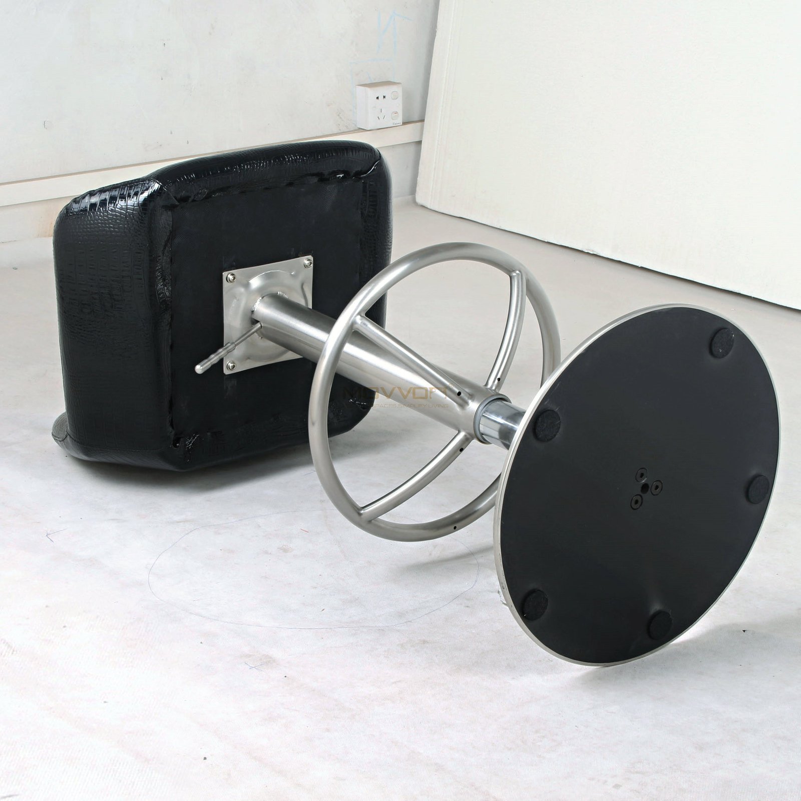 Croc-Embossed Black Bar Chair with Wheel Ring Footrest