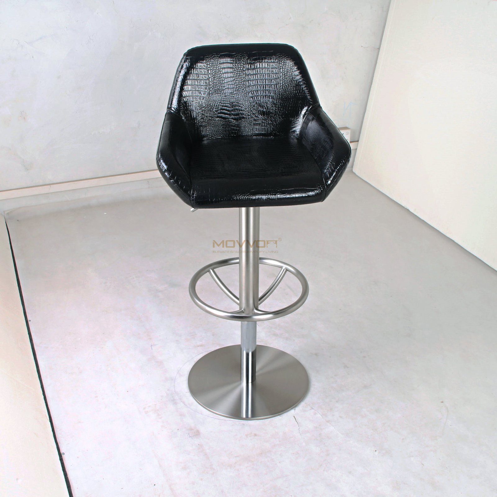 Croc-Embossed Black Bar Chair with Wheel Ring Footrest