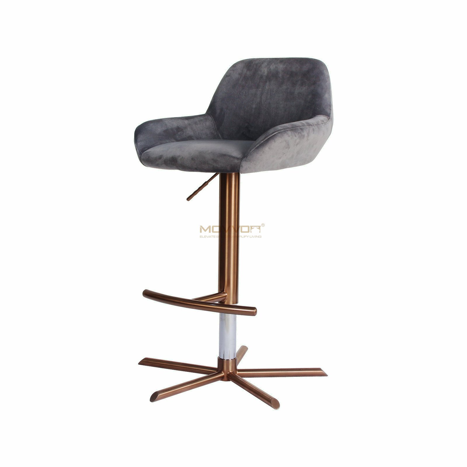 Grey Low-Arm Bar Chair with Bronze Star Base and Curved Footrest