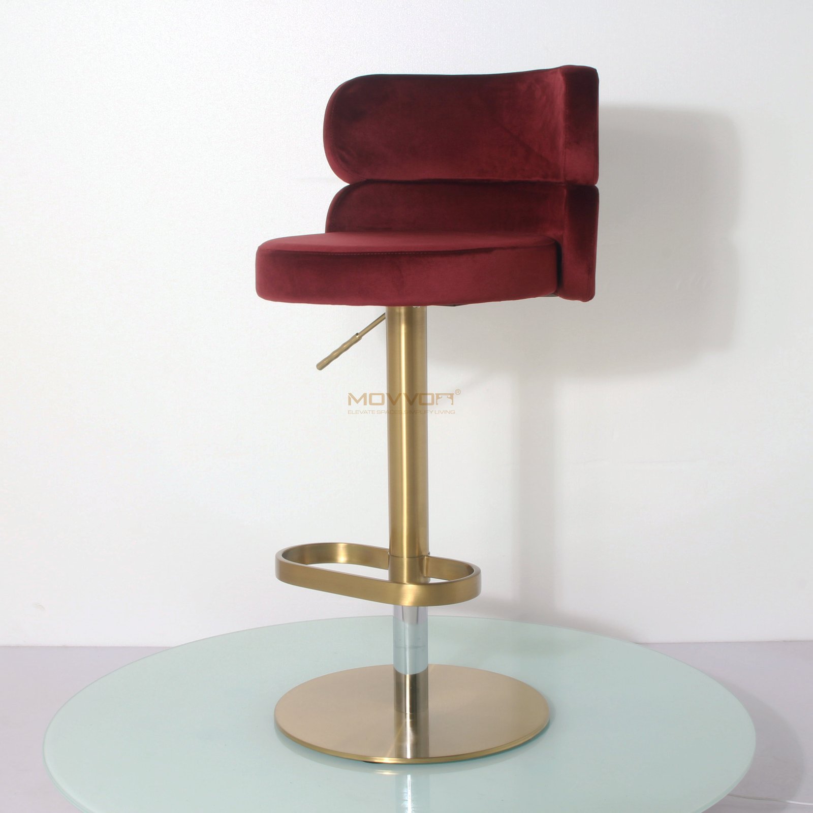 Pillow-Back Velvet Bar Stool with Oval Footrest and Gold Pedestal