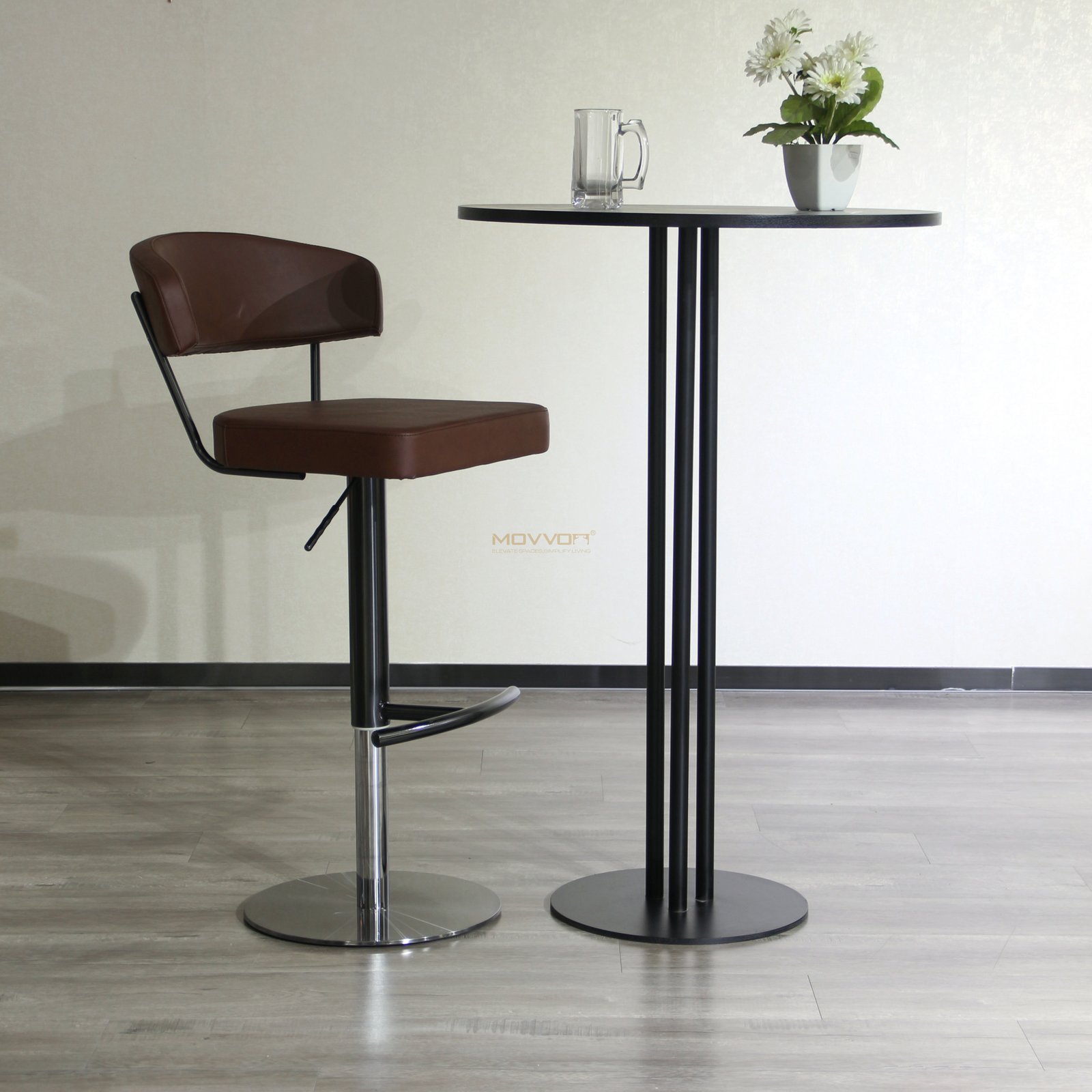 Floating Back Bar Stool with Curved T-Footrest and Round Base