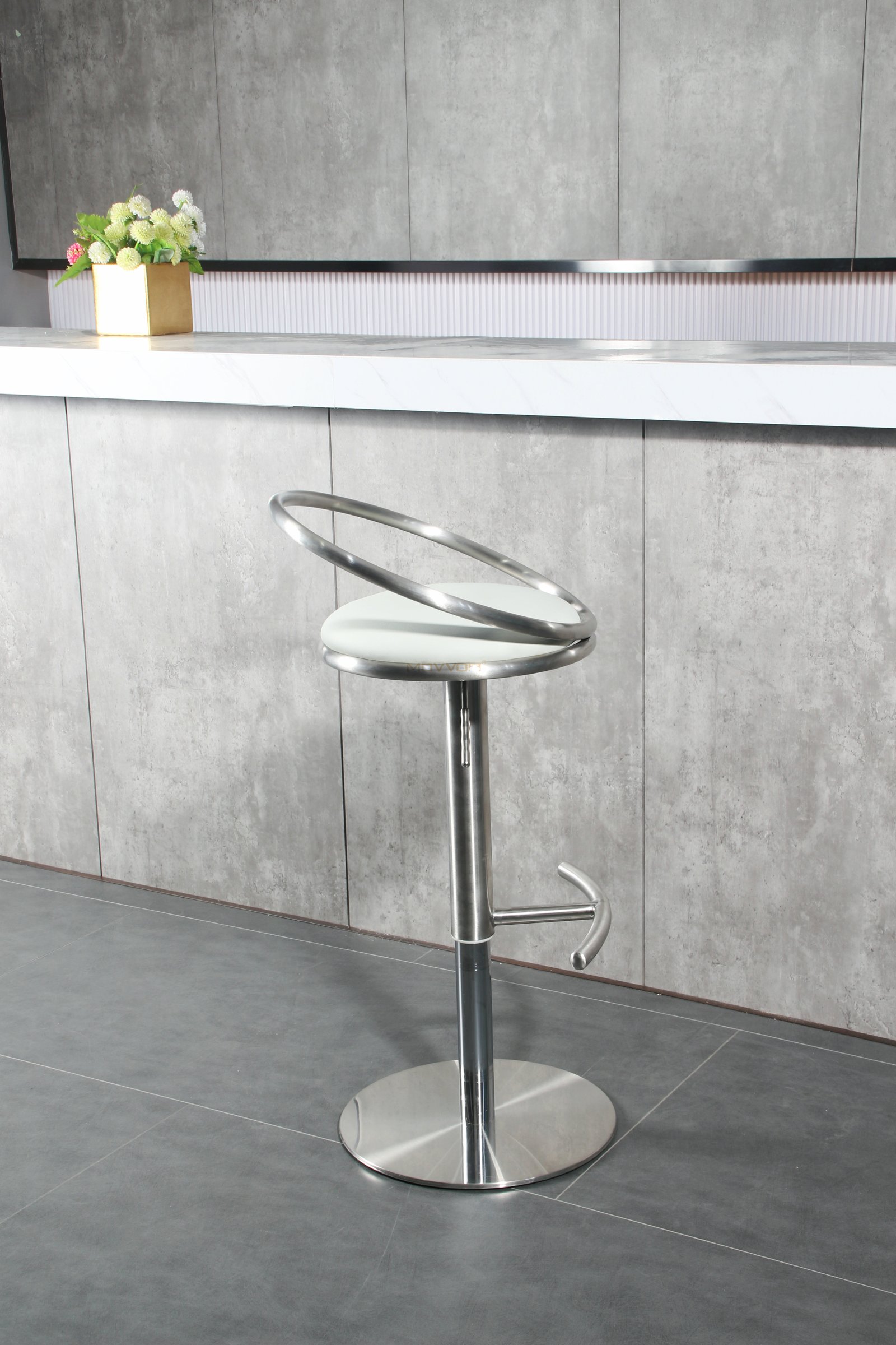 Orbital Ring Back Bar Stool with Curved Footrest and Round Pedestal