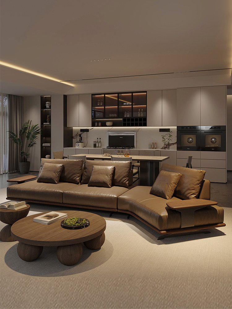 Brown Chaise Sofa System, Floating Metal Base and Side Tables