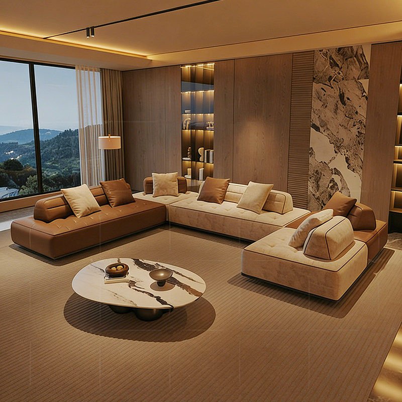 Two-Tone Grid Modular Sofa for Low Bench Lounge Layouts