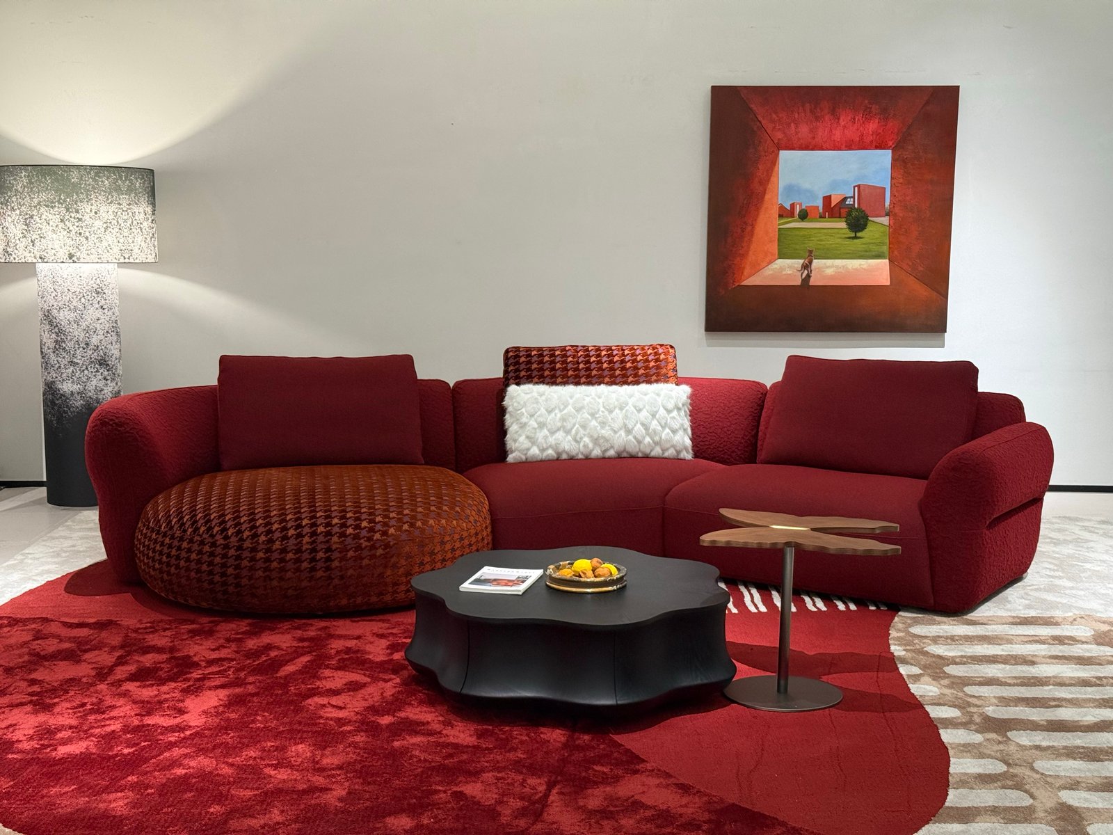 Red Houndstooth Lounge Sofa, Rounded Arms and Oval Chaise