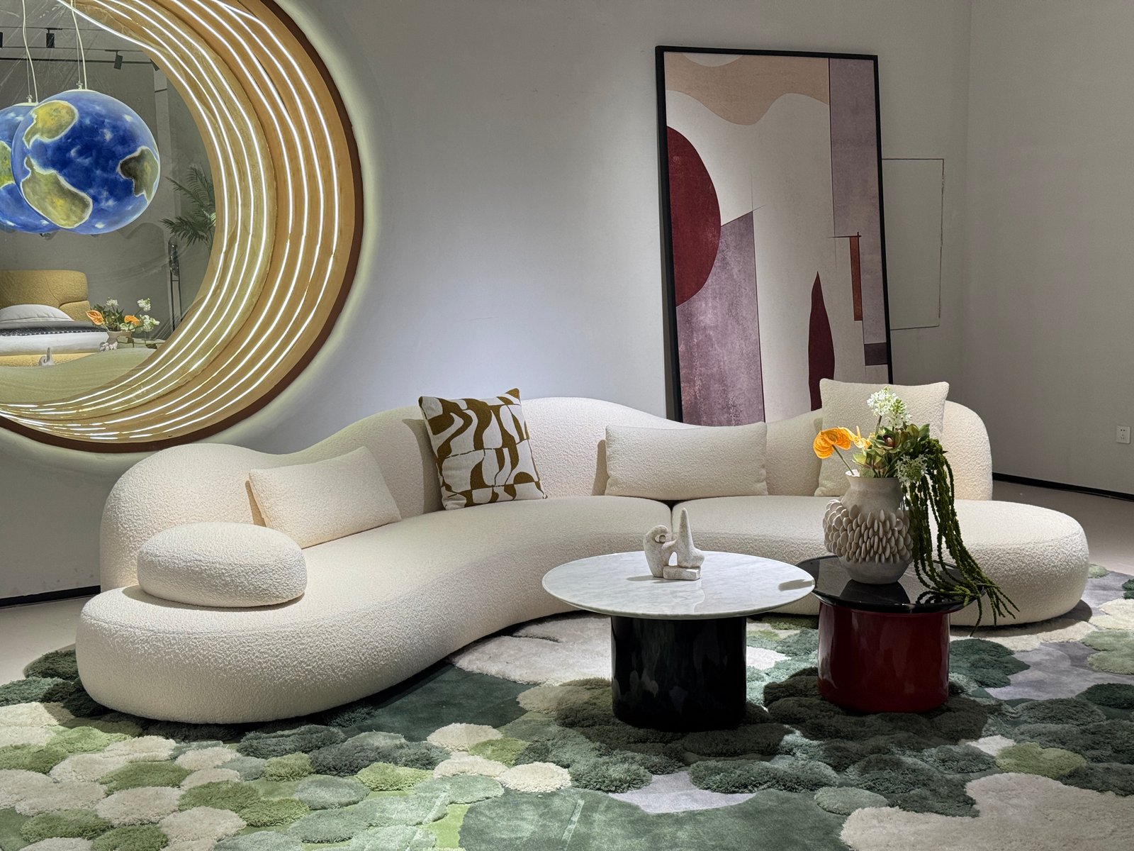 Serpentine Cream Boucle Sofa for Gallery Lounge Interiors