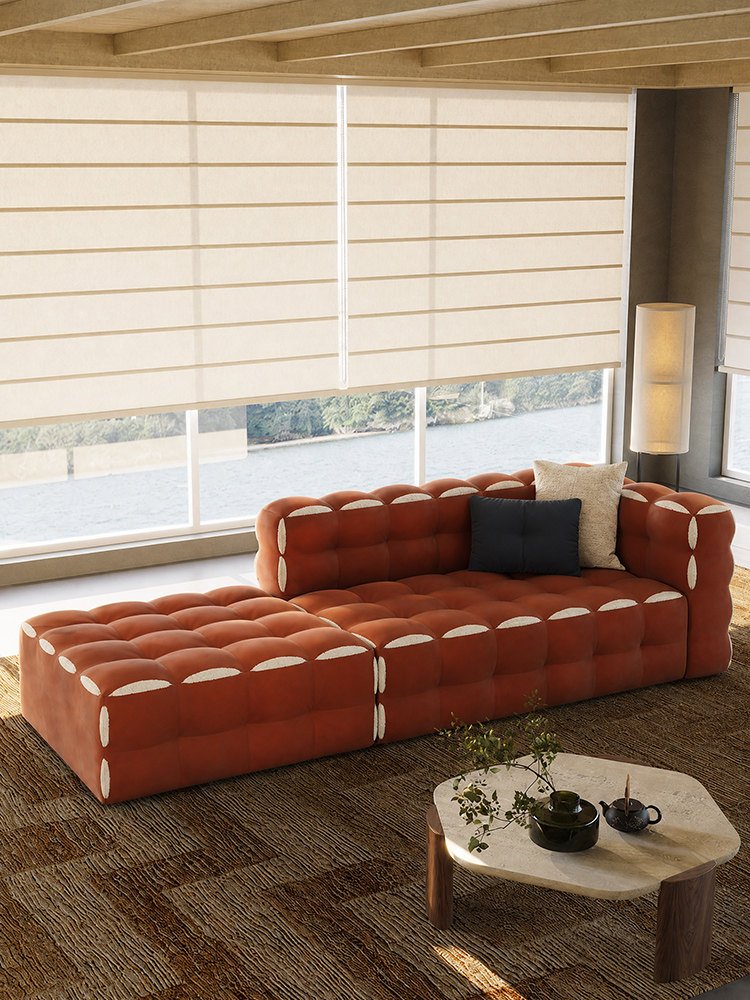 Caramel Grid-Tufted Lounge Sofa, White Crescent Edge Detail