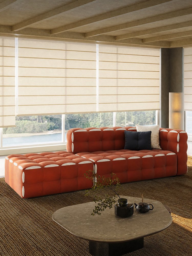 Caramel Grid-Tufted Lounge Sofa, White Crescent Edge Detail