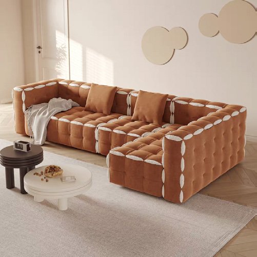 Caramel Grid-Tufted Lounge Sofa, White Crescent Edge Detail