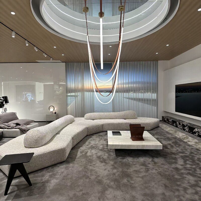 Long Bolster-Back Modular Sofa for Curved Low Lounge Layouts
