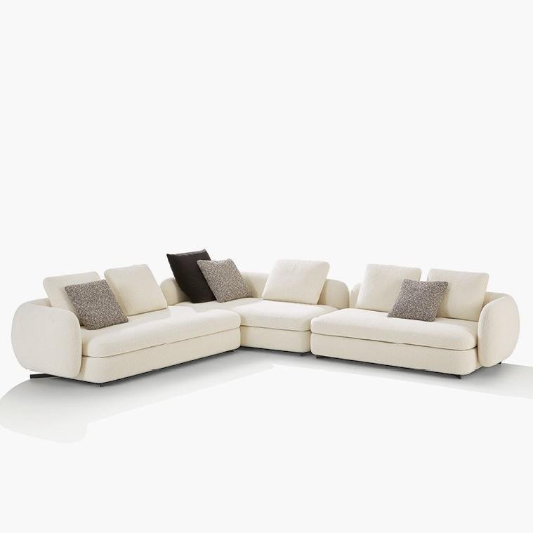​Round-End Corner Sofa in Cream Boucle and Warm Grey Fabric