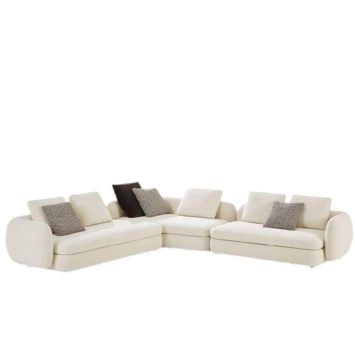 ​Round-End Corner Sofa in Cream Boucle and Warm Grey Fabric