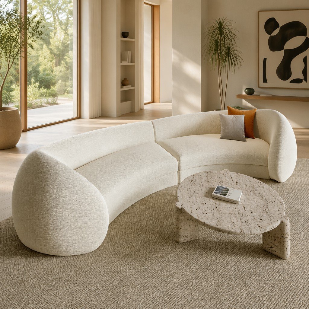 Sculptural Curved Boucle Sofa with Rounded Cocoon Arm Ends