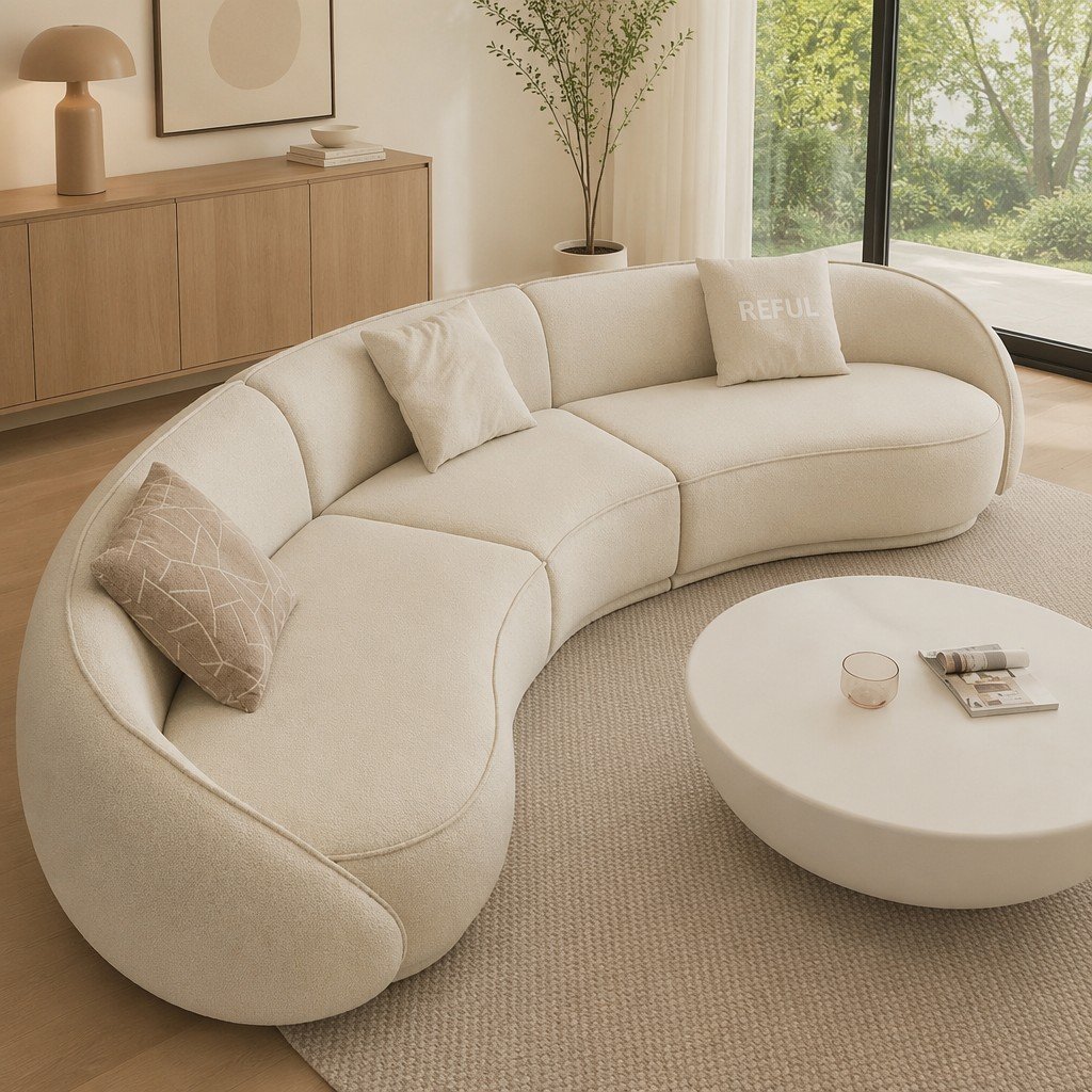 Cream Crescent Sofa for Round Conversation Lounge Layouts