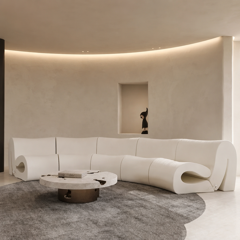 Roll-End Curved Sectional Sofa with Hollow Sculptural Arm Detail