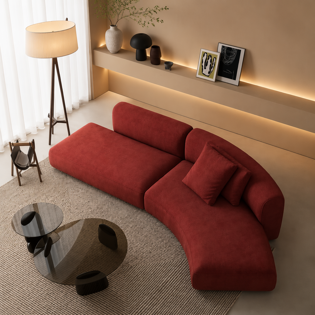 Rust Red Curved Chaise Sofa with Sculptural Low Lounge Profile