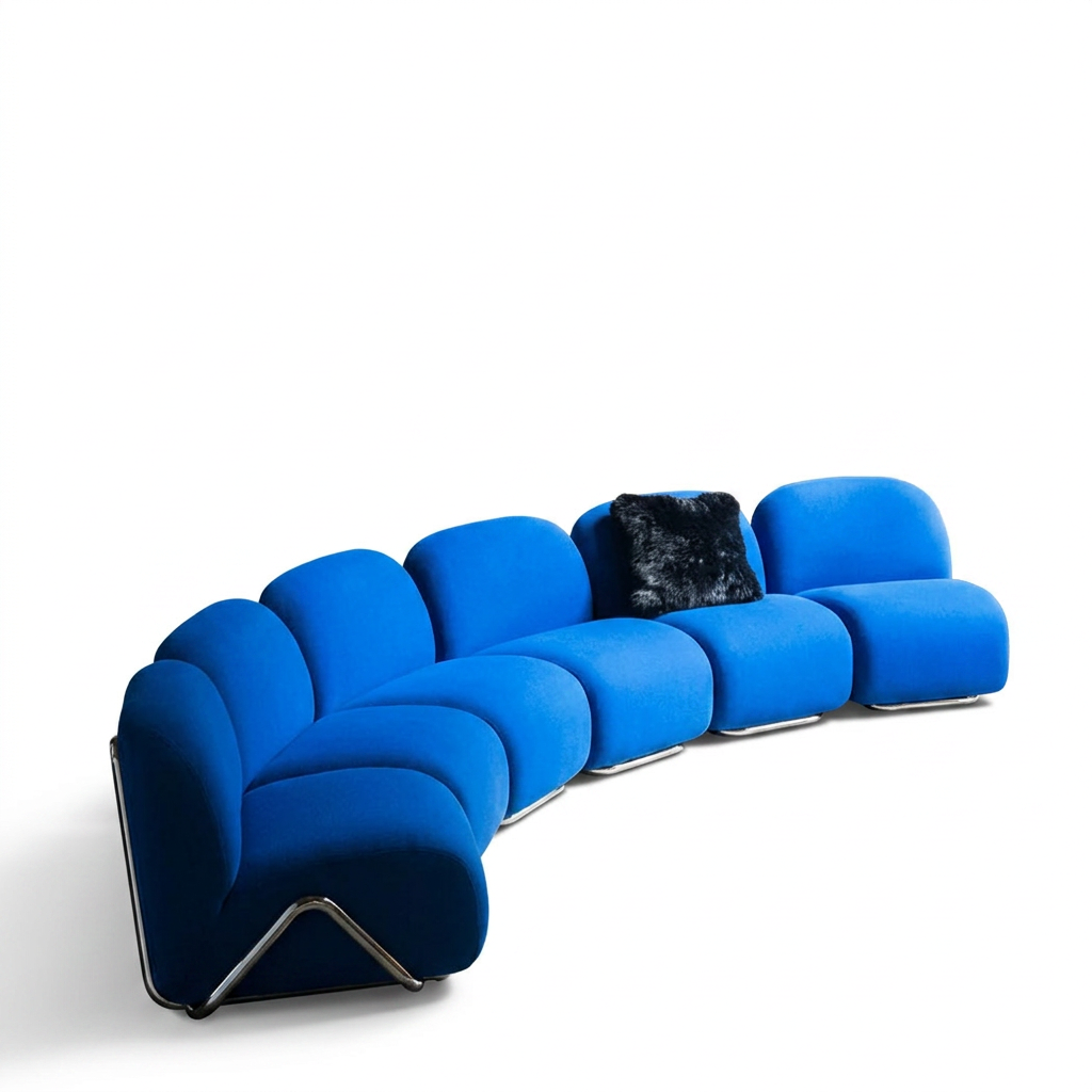 Electric Blue Curved Modular Sofa with Chrome Sled Side Frame