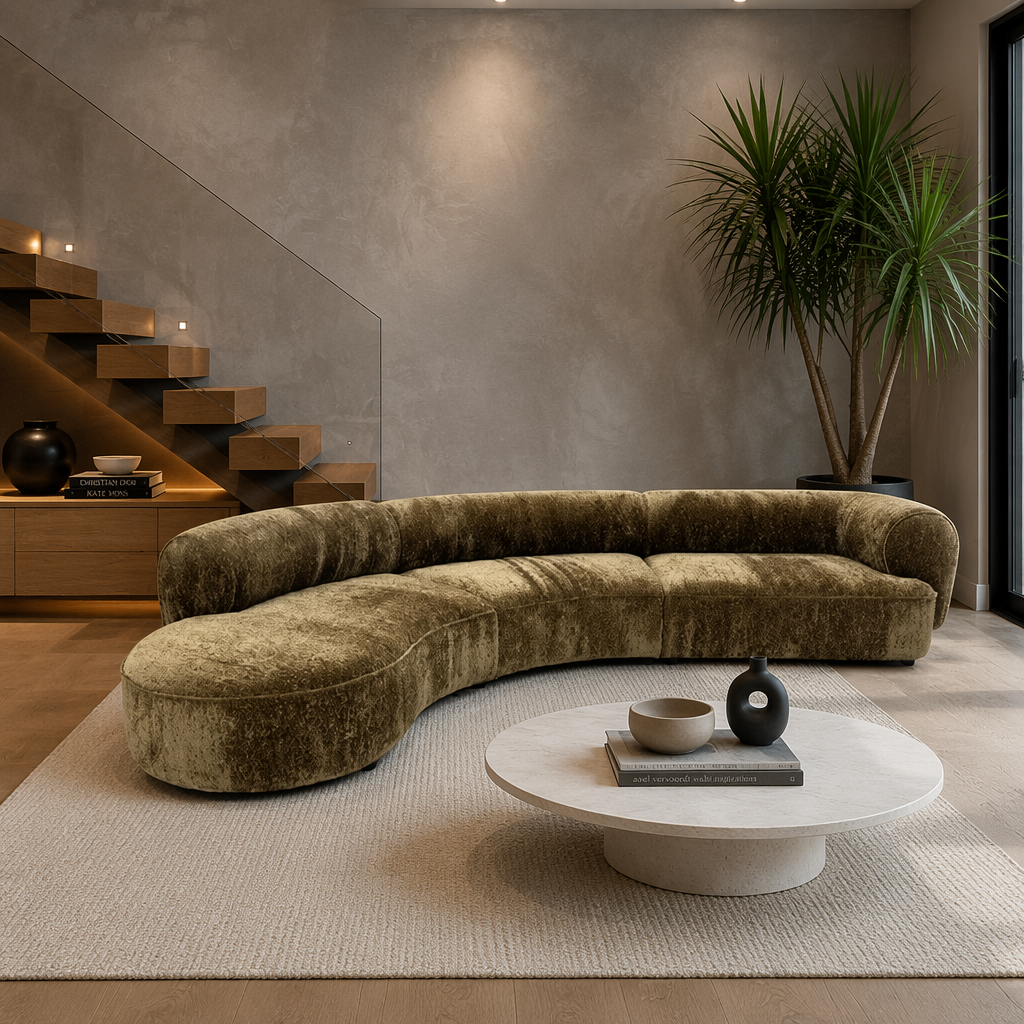Moss Chenille Curved Sofa with Left Chaise and Channel Backrest
