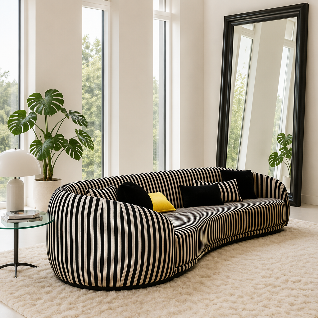 Black and Cream Striped Curved Sofa with Rounded Tubular Arms