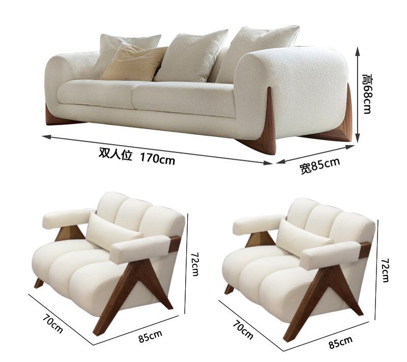 Cream Boucle Sofa and Armchair Set with Walnut A-Frame Legs