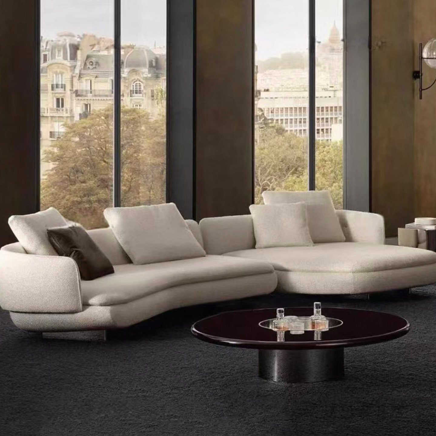 Cream Wave Sofa with Open Undercut Base and Pillow Backrests