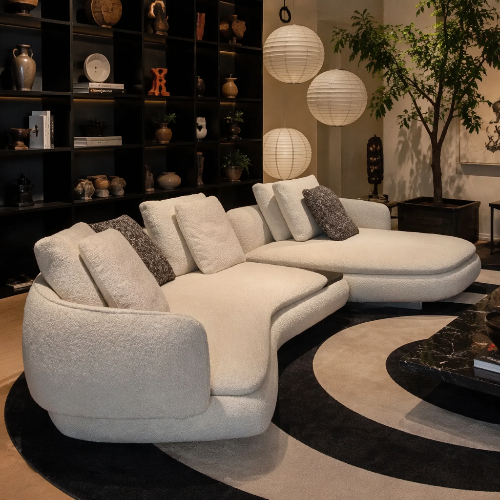 Cream Wave Sofa with Open Undercut Base and Pillow Backrests