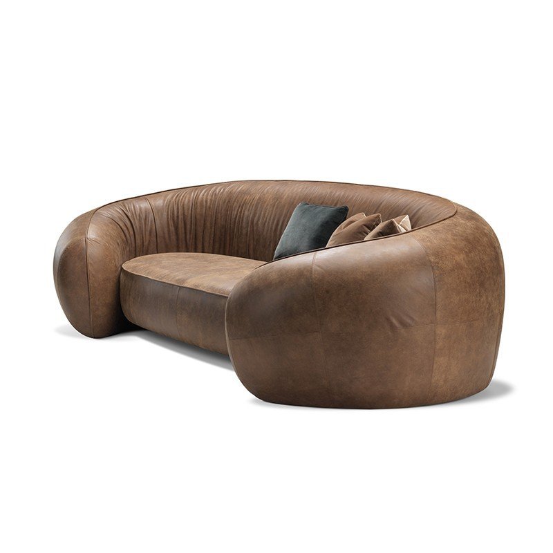 Brown Leather-Look Cocoon Sofa with Rounded Enclosed Arms