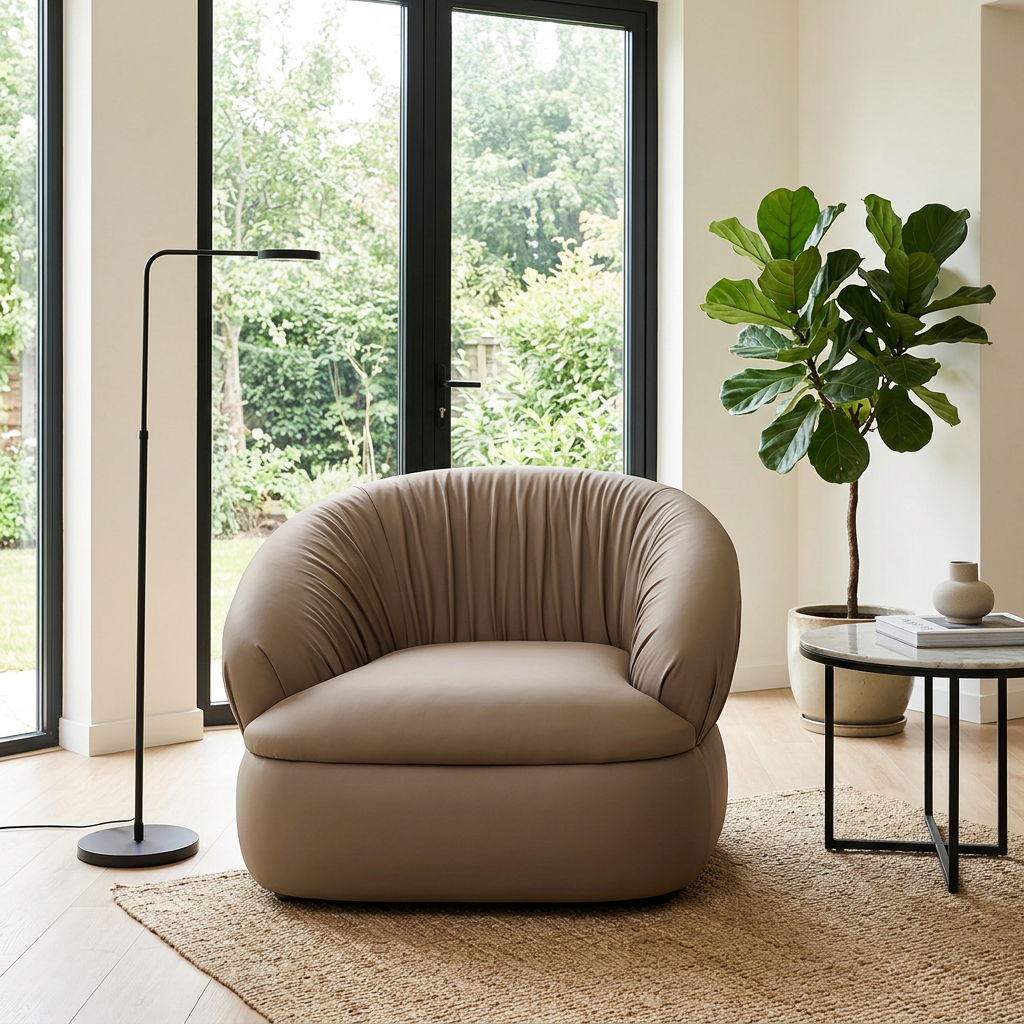 Caramel Channel-Tufted Shell Lounge Chair with Rounded Low Base