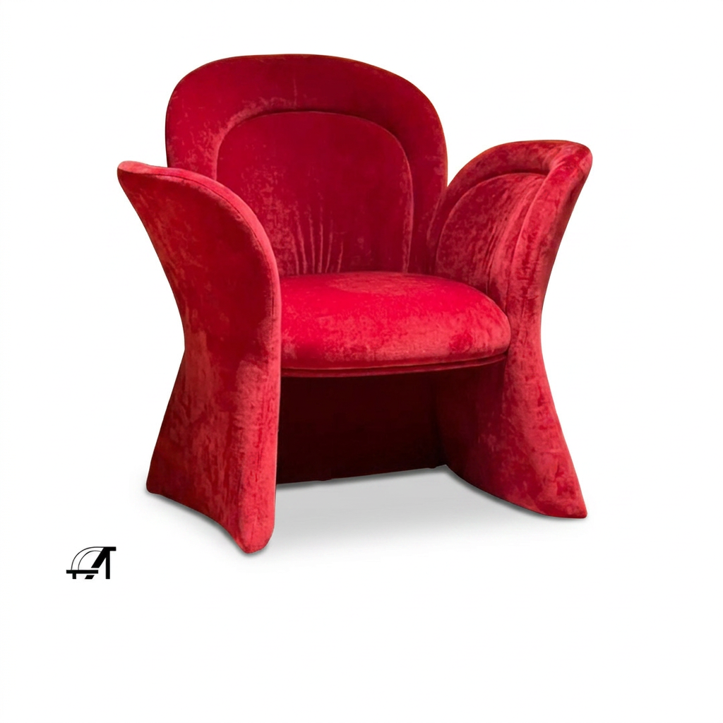 Red Velvet Statement Accent Chair Shaped with Flared Petal Arms