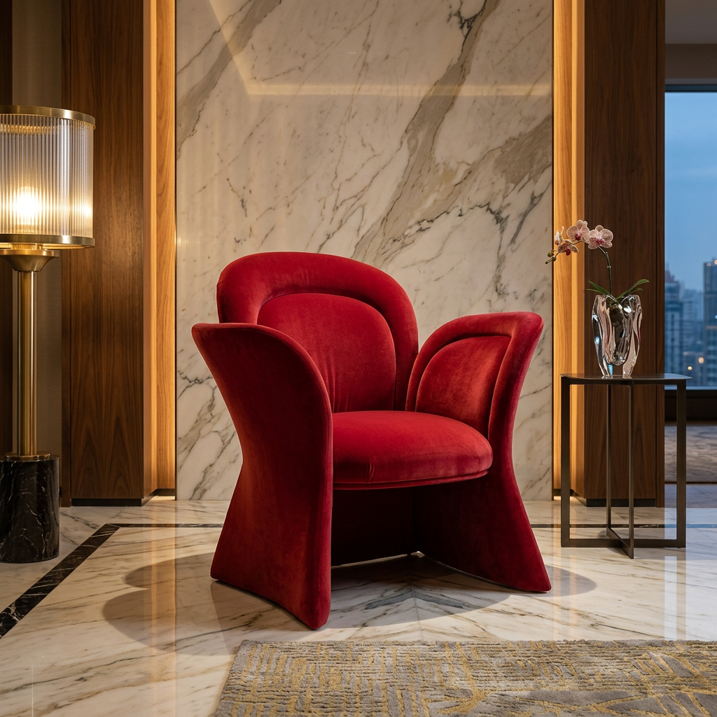 Red Velvet Statement Accent Chair Shaped with Flared Petal Arms